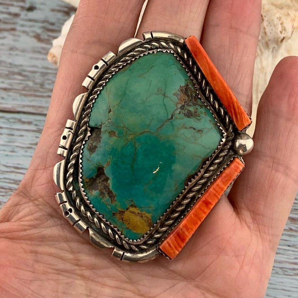 Huge Turquoise & Spiny Oyster Sterling Silver Navajo Native American Vtg Ring - Picture 7 of 11